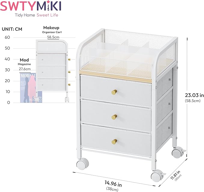 SWTYMIKI Rolling Makeup Organizer Cart - 14.96″*11.81″*23.03″ Widened Under Desk Vanity Storage with 3 Non-woven Drawers, Cosmetic Display Cases for Skin Care Perfume Nail Polish Brush Hair Tool White