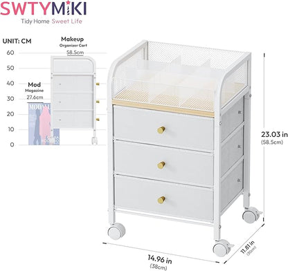 SWTYMIKI Rolling Makeup Organizer Cart - 14.96″*11.81″*23.03″ Widened Under Desk Vanity Storage with 3 Non-woven Drawers, Cosmetic Display Cases for Skin Care Perfume Nail Polish Brush Hair Tool White