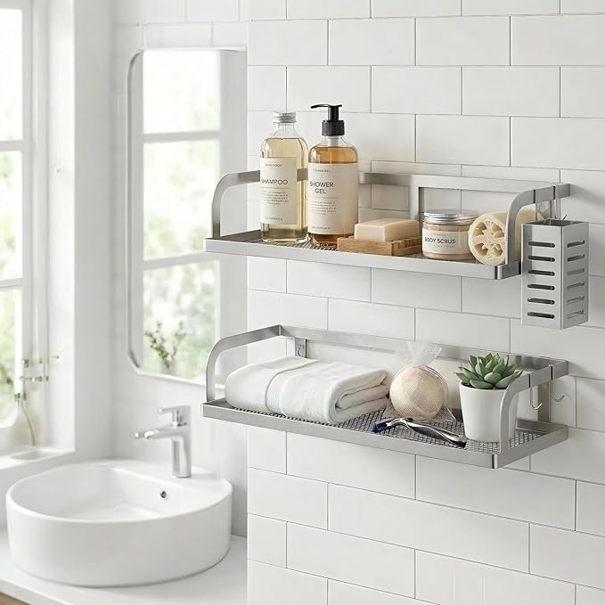PUSDON 2-Pack Wide Hollowout Shower Caddy & Spice Rack, Wall Mount Bathroom Organizer with Mesh Bottom, Easy Access Cabinet Door Shelf Holds 50LBS - Silver Gray, Hollowout