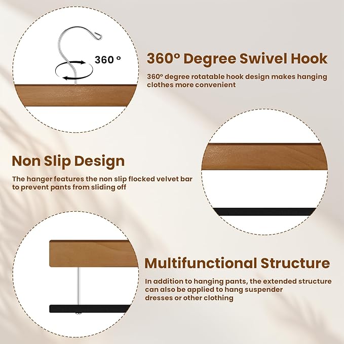 Chunful 30 Pack Wooden Velvet Pants Hangers - 16 Inch Non Slip Wood Pants Hangers with 360 Degree Swivel Hook Heavy Duty Space Saving for Jeans, Shorts & Dresses (Brown)