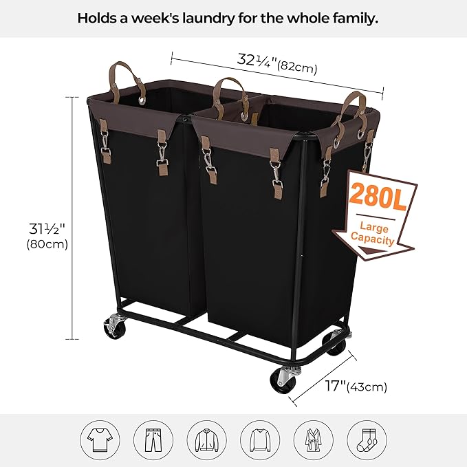 StorageWorks 280L Large Laundry Hamper with Wheels, Laundry Basket with Wheels 2 Sections, Clothes Sorter Cart with Divider for Hotel, Home, Black, 1-Pack