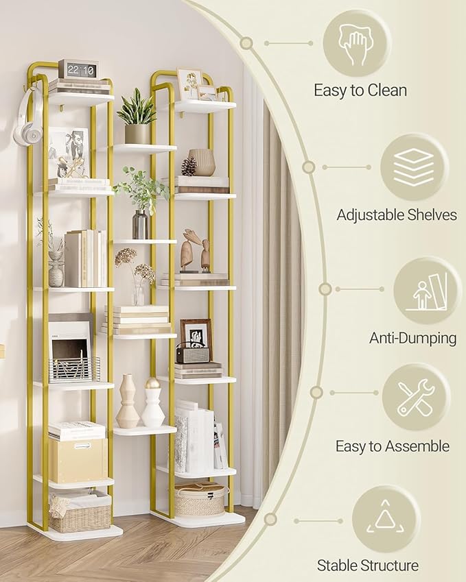 Hzuaneri 10 Tiers Vertical Shoe Rack, Narrow Shoe Tower, Tall Shoes Shelf with 2 Hooks, Adjustable Shelves, Corner Shoes Shelves for Small Spaces, Entryway, Living Room, White Gold SR11213A