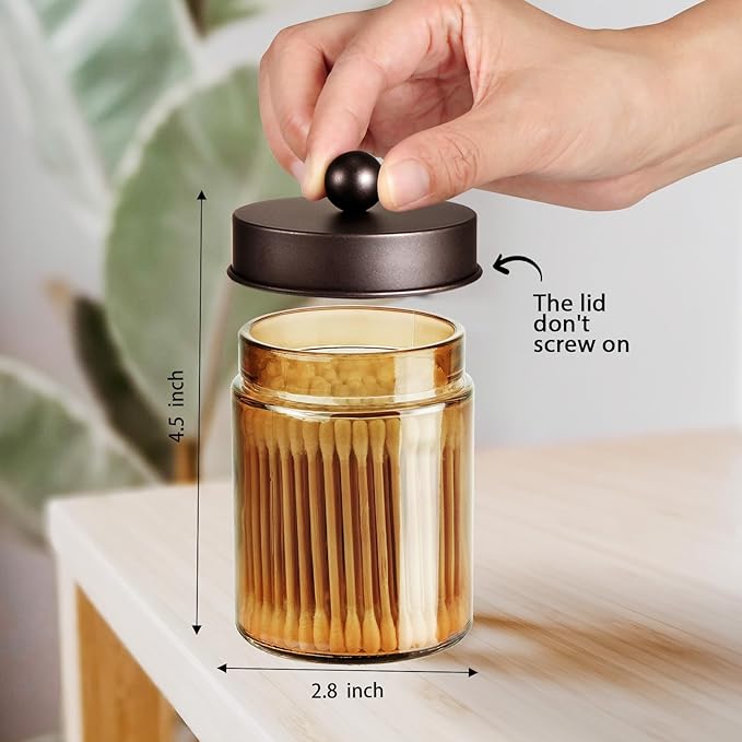 Amolliar Bronze Glass Apothecary Jar With Metal Lid & Stickers, Bathroom Qtip Dispenser Storage Canister, Perfect for Cotton Balls, Cotton Swabs, Makeup Pads, Bath Salt, Floss,4 Pack (Bronze)