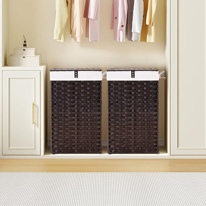 Greenstell Laundry Hamper with Lid, 60L Clothes Hamper with 2 Removable Liner Bags & 2 Mesh Laundry Bags, Handwoven Synthetic Rattan Laundry Basket for Clothes, Toys in Bathroom, Bedroom Brown