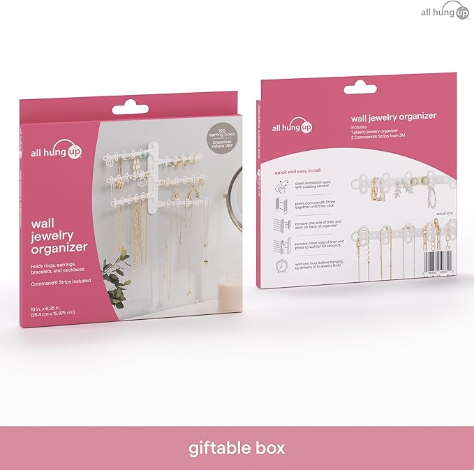 All Hung Up 6-Tier 6" Wall Jewelry Organizer, Command Strips included for Easy Hanging, 120 Hole Earring Organizer, Necklace Organizer, Bracelet Holder, Ring Holder, Rotating Branches (White 6-TIer)