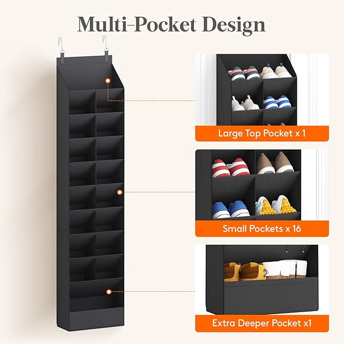 Lifewit 10 Tier Over the Door Shoe Organizer with 19 Large Deep Pockets, Fabric Hanging Shoes Shelf for Closet, Dorm Storage, Fit Up to 20 Pair Shoe Rack Holder for Sneakers, Boots, Black