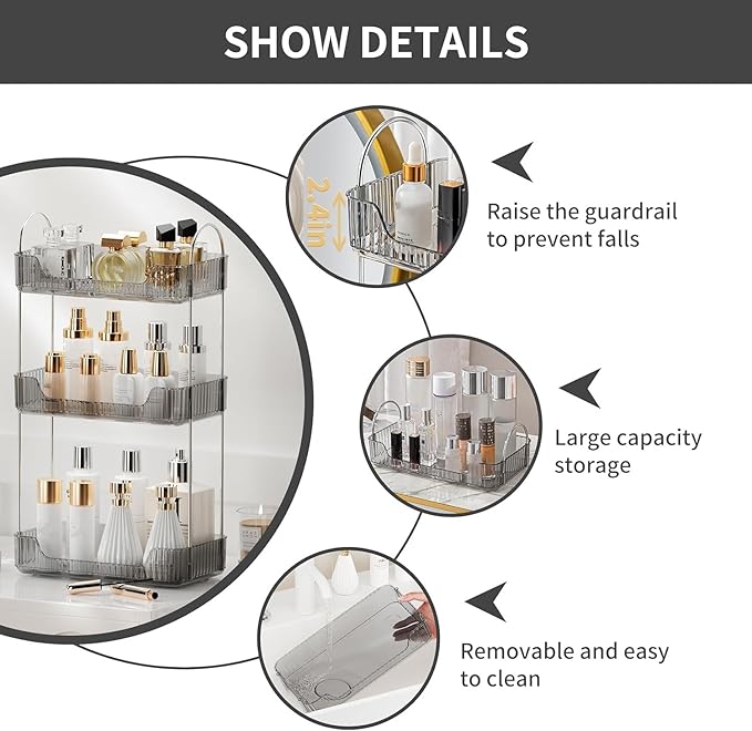Bathroom Organizer Countertop, Vanity Trays for Skincare Makeup, Counter Organizer for Cosmetics, Toiletries, Lotions, Perfumes (3 Tiers, Grey)