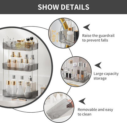 Bathroom Organizer Countertop, Vanity Trays for Skincare Makeup, Counter Organizer for Cosmetics, Toiletries, Lotions, Perfumes (3 Tiers, Grey)