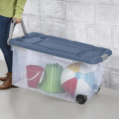 40-Gallon Wheeled Storage Bins (2-Pack) - Heavy Duty Plastic Totes with Lids & Handles - Industrial Garage/Utility Containers for Tools, Camping Gear (36.9" x 21.4") (Clear/Blue)
