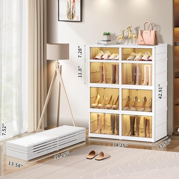 CIMLORD 4-Tier Foldable Shoe Rack Organizer for Closet 16Pairs Plastic Collapsible Shoes Storage Box Clear Shoe Boxes Stackable with Door Easy Assembly Shoe Cabinet Bins with Lids Large