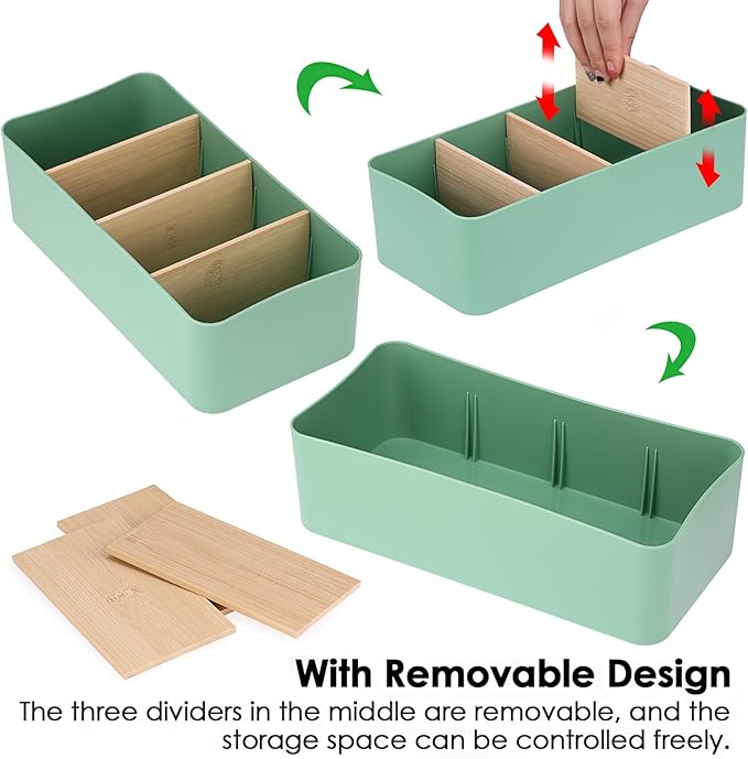 BSTKEY Seasoning Packet Organizer, Food Storage Organizer with Divided 4 Bamboo Wood Compartments, Green Plastic Storage Caddy for Pantry Cabinet, Kitchen Organization Bin for Snacks Spice Packets