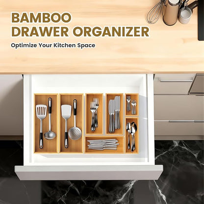 Bamboo Drawer Organizer, Stackable Utensil Trays for Kitchen, Wood Silverware Organizer for Drawer, Set of 2-15"x6"x2"