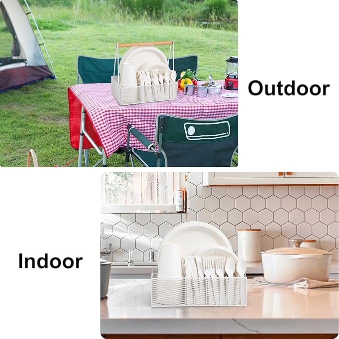 Paper Plate Organizer with Handle for Countertop, Metal Silverware Caddy for Cup, Napkin, Fork and Spoon, Paper Plate and Utensil Holder, Cutlery Caddy for Party, Camping, Picnic (White)