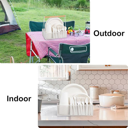 Paper Plate Organizer with Handle for Countertop, Metal Silverware Caddy for Cup, Napkin, Fork and Spoon, Paper Plate and Utensil Holder, Cutlery Caddy for Party, Camping, Picnic (White)