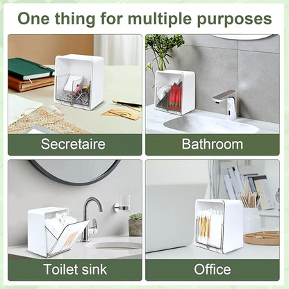 Qtip Holder with 2 Compartments, Clear Bathroom Set, Vanity Countertop Storage Organizer for Swab, Round Pads, Plastic Floss Pick Holder, White