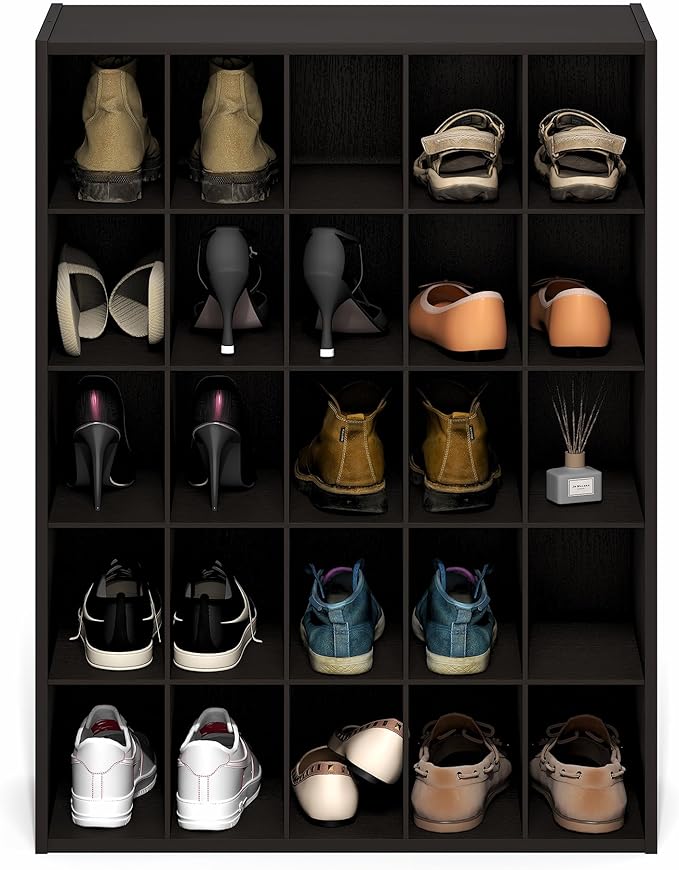 Furinno FANO Shoe Rack, 25-Cube Shoe Organizer, Stackable Shoe Storage, 11.7 x 24.2 x 31.5, for Closet Entryway, Office, Garage, Black Dark Oak