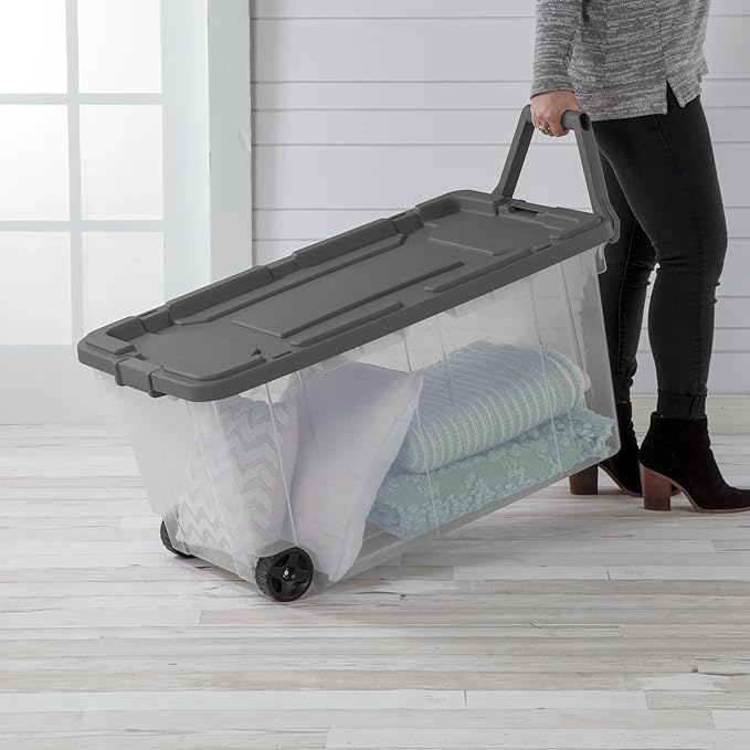 160 Quart Wheeled Storage Bin with Latching Lid, Extra Large Heavy Duty Clear Plastic Stackable Tote on Wheels，Rolling Storage Container with Pull Handle for Home Organization, Gray(2-Pack)