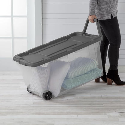 160 Quart Wheeled Storage Bin with Latching Lid, Extra Large Heavy Duty Clear Plastic Stackable Tote on Wheels，Rolling Storage Container with Pull Handle for Home Organization, Gray(2-Pack)