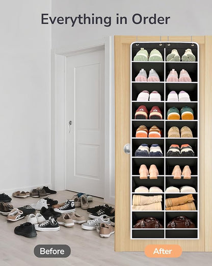 ULG Over The Door Shoe Organizer for Closet Fit 24-32 Pairs with Large Deep Pockets, Narrow Shoe Rack for Door Hanging Boots Storage, Black