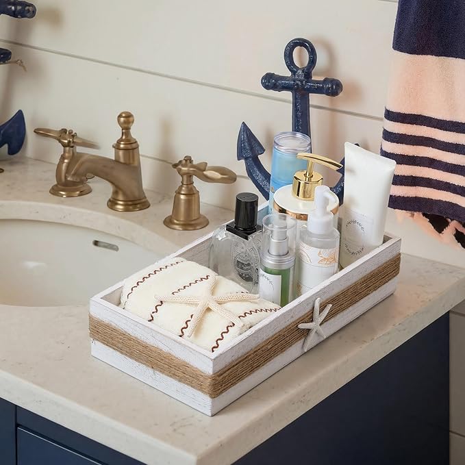 Novabright Beach Toilet Tank Basket Rustic Bathroom Decor Box Farmhouse Wood Bathroom Paper Holder Basket Starfish Decor Top of Toilet Organizer Storage for Coastal Bath Tank Topper Counter Decoration