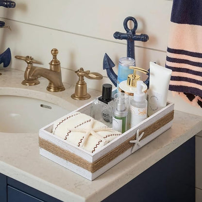 Novabright Beach Toilet Tank Basket Rustic Bathroom Decor Box Farmhouse Wood Bathroom Paper Holder Basket Starfish Decor Top of Toilet Organizer Storage for Coastal Bath Tank Topper Counter Decoration
