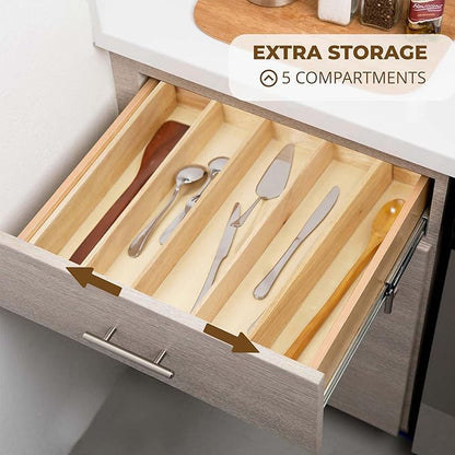 Utensil Drawer Organizer, 5 Compartment Expandable Rubberwood Silverware Tray, Cutlery Drawer Organizer for Kitchen Organization, Wooden Holder for Adjustable Storage