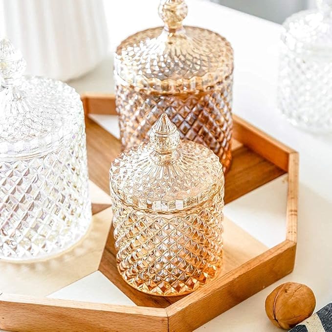 Colorful Home Decorative Jar Qtips Holder Dispenser Glass Storage Container Bathroom Counter Vanity Organizer for Bath Salts/Swabs/Rounds Makeup Sponges Toothpick Jewelry(Amber,10 oz)