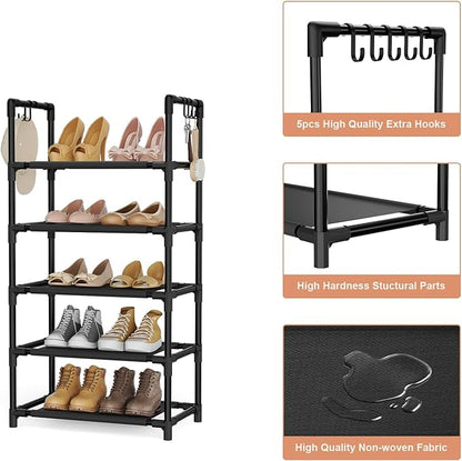 LANTEFUL 5 Tiers Shoe Rack 12-15 Pairs Boots Organizer Storage Sturdy Narrow Shoe Shelf for Entryway, Closets with Hooks, Black