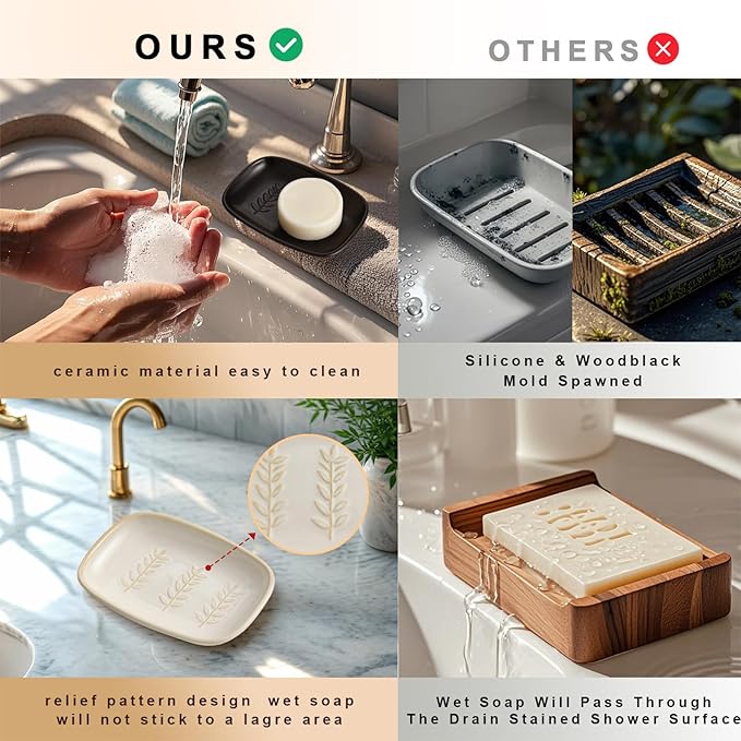 Ceramic Soap Dish for Bathroom, Bar Soap Holder with Elevated Ridges - Keeps Soap Dry, Premium Porcelain Dish, Elegant Modern Decor for Vanity Sink, Shower (White)