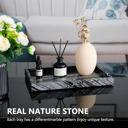 Real Natural Marble Tray for Bathroom, Vanity, Kitchen and Desktop, Rectangle Genuine Marble Stone Tray for Jewelry, Cosmetics, Candles, Lotion, Perfume (Wood Grain, 12" x 8" x 1.2")