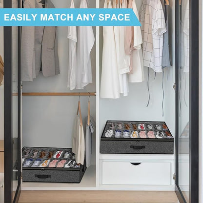 Under Bed Shoe Storage Organizer for Closet, 24 Pairs Sturdy Underbed Shoe Storage Boxes Bins Container Foldable Shoes Storage with Reinforced Handles & Clear Window for College Dorms Grey, Set of 2