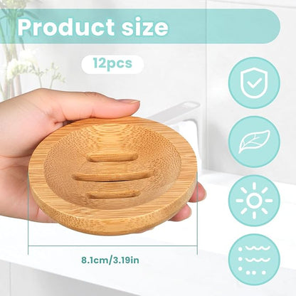 12 Pcs Bamboo Soap Dishes Wooden Soap Tray Soap Holder, Round Soap Dish for Bathroom, Shampoo Bar Holder for Shower Wood Soap Tray for Home Bathroom