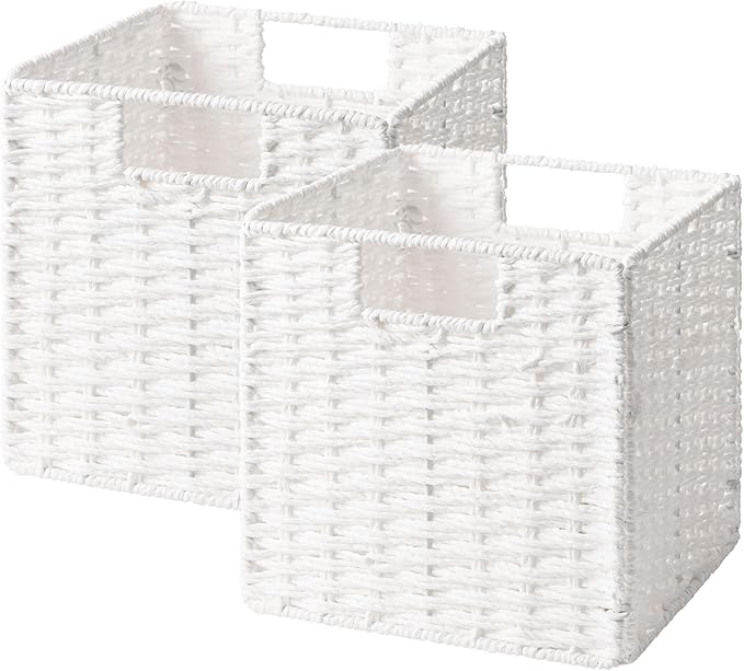 StorageWorks 9 inch Wicker Storage Cubes, Handwoven Wicker Baskets for Storage, Square Cube Basket, Foldable Paper Rope Basket for Organizing, White, 2 Pack