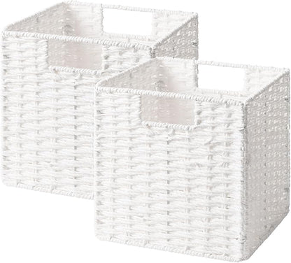 StorageWorks 9 inch Wicker Storage Cubes, Handwoven Wicker Baskets for Storage, Square Cube Basket, Foldable Paper Rope Basket for Organizing, White, 2 Pack