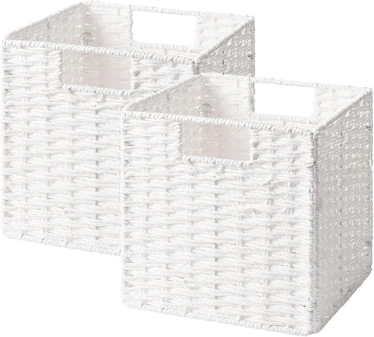 StorageWorks 9 inch Wicker Storage Cubes, Handwoven Wicker Baskets for Storage, Square Cube Basket, Foldable Paper Rope Basket for Organizing, White, 2 Pack