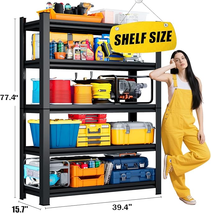 5-Tier Garage Shelving Heavy Duty, 3000LBS Metal Shelving Unit, Adjustable Garage Storage Shelves, Easy Assembly Steel Shelving, Utility Storage Rack Shelf for Warehouse, 77.4”H*39.4”W*15.7”D