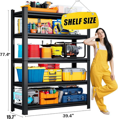 5-Tier Garage Shelving Heavy Duty, 3000LBS Metal Shelving Unit, Adjustable Garage Storage Shelves, Easy Assembly Steel Shelving, Utility Storage Rack Shelf for Warehouse, 77.4”H*39.4”W*15.7”D