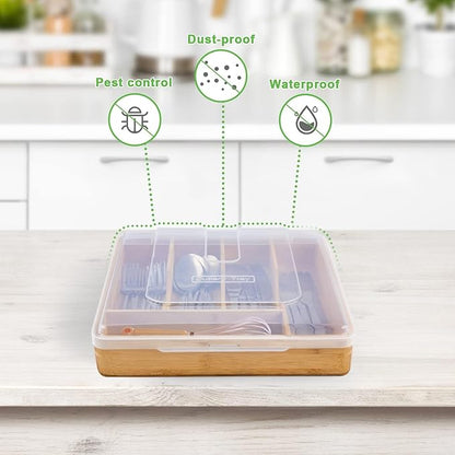 Bamboo Silverware Organizer,Wooden Silverware Tray for Drawer, Utensil Drawer Organizer in Kitchen for Spoons Forks Knives, Multipurpose Use, Eco-Friendly, Large
