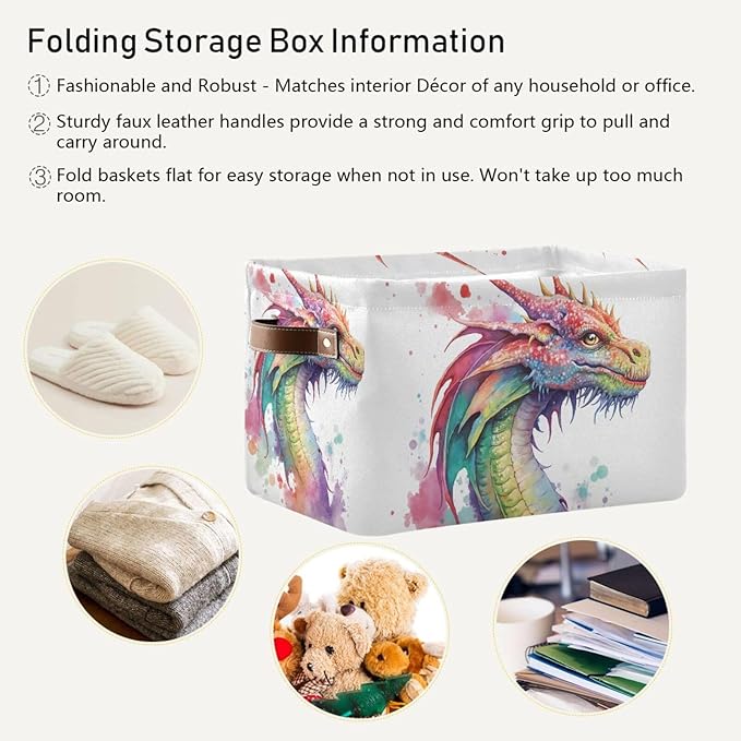 Large Storage Basket Watercolor Dragon Cube Storage Bin Canvas Fabric Organizer Handles Collapsible for Clothes Toys Bedroom Decorative