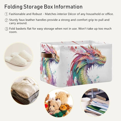 Large Storage Basket Watercolor Dragon Cube Storage Bin Canvas Fabric Organizer Handles Collapsible for Clothes Toys Bedroom Decorative