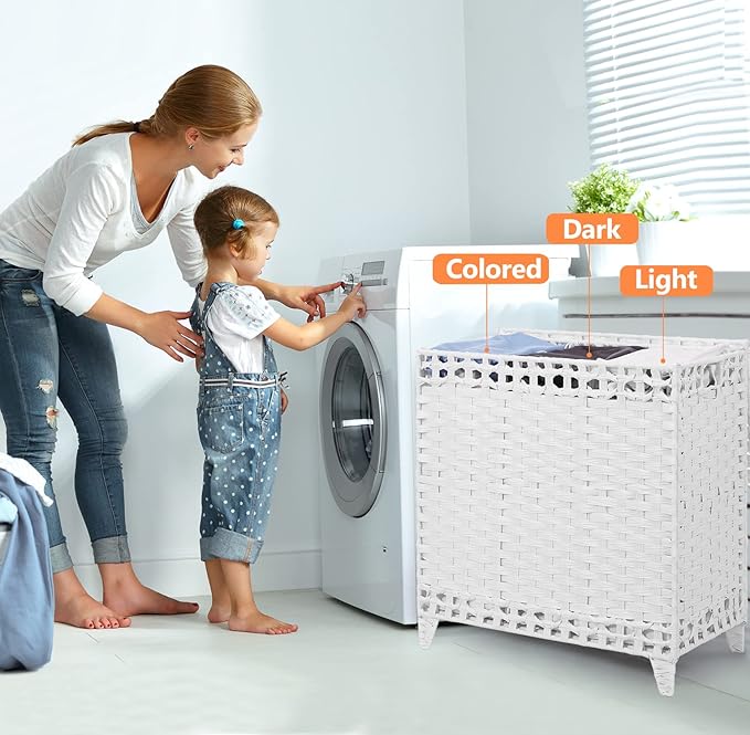 Laundry Hamper with 3 Removable Liner Bags; 132L Handwoven Rattan Laundry Basket with Lid & Heightened Feet; Clothes Hamper with Side Handles; Laundry Sorter with 3 Separate Sections