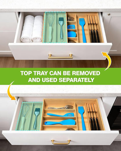HULISEN Double Layer Bamboo Utensil Drawer Organizer, 2 Tier Silverware Cutlery Drawer Organizer with Sliding Top & Removable Knife Holder, Deep 8-Slot Kitchen Drawer Organizer