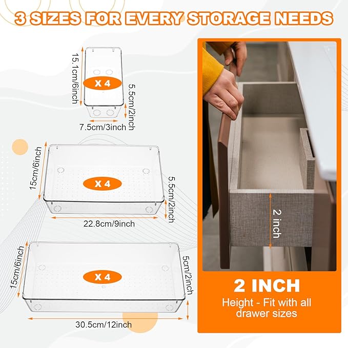 12 Pcs Clear Plastic Drawer Storage Organizer, 12"x 6"x2", 9"x6"x2", 6"x3"x2", Kitchen Bathroom Fridge Utensil Vanity Drawer Organizers Makeup Storage Organizer Drawers Trays for Organization Office