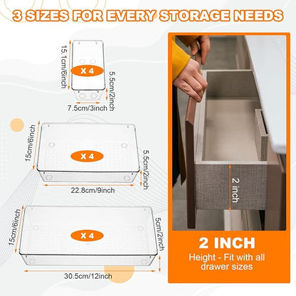 12 Pcs Clear Plastic Drawer Storage Organizer, 12"x 6"x2", 9"x6"x2", 6"x3"x2", Kitchen Bathroom Fridge Utensil Vanity Drawer Organizers Makeup Storage Organizer Drawers Trays for Organization Office