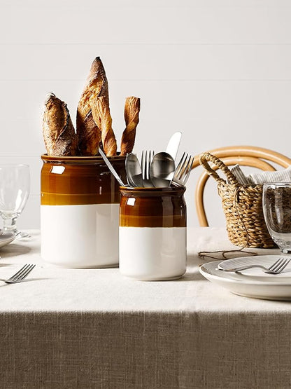 LE TAUCI Kitchen Utensil Holder, 7.2" & 5.4" Ceramic Utensil Crock for Countertop, Large Heavy Weighted Spatula Organizer, Rustic Farmhouse Decor, Vintage Two-Tone Glaze, Set of 2, Brown & White