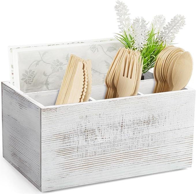 DRASTAR Silverware Caddy, Wooden Utensil Holder, Picnic Cutlery Holder, Whitewashed Silverware Holder, Plastic Silverware Caddy for Party, Countertop, Camping
