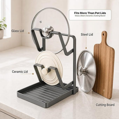 Pot Lid Holder for Countertop with Spoon Rest, Double-Layer Carbon Steel Lid Organizer with Removable Drip Tray, Stove Top Utensil Holder, Includes Silicone Mat