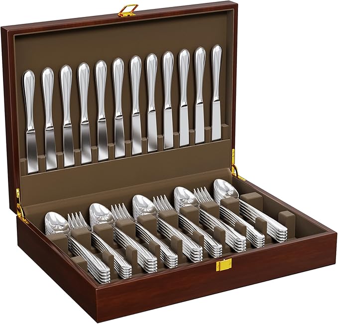 Walnut Wood Silverware Storage Box,Silverware Case Flatware Chest with Felt Lined,Flatware Storage Box for 12 sets of Utensils,Silverware Chest without Silverware,Silverware Organizer with Lid