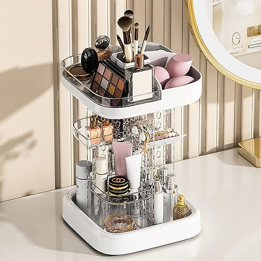 360 Rotating Makeup Organizer for Vanity & Countertop, Clear Adjustable Height Tiered Cosmetic and Skincare Storage, Spinning Perfume and Brush Holder, Jewelry Accessories Desktop Organizer, White