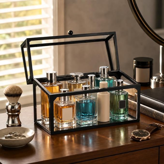 Cologne Organizer for Men, Glass Perfume Organizer Box with Flip Top Lid, Dustproof Perfume Storage Case, Clear Cologne Holder for Vanity, Bathroom Countertop, Watch, Jewelry, Fragrance Display, Black